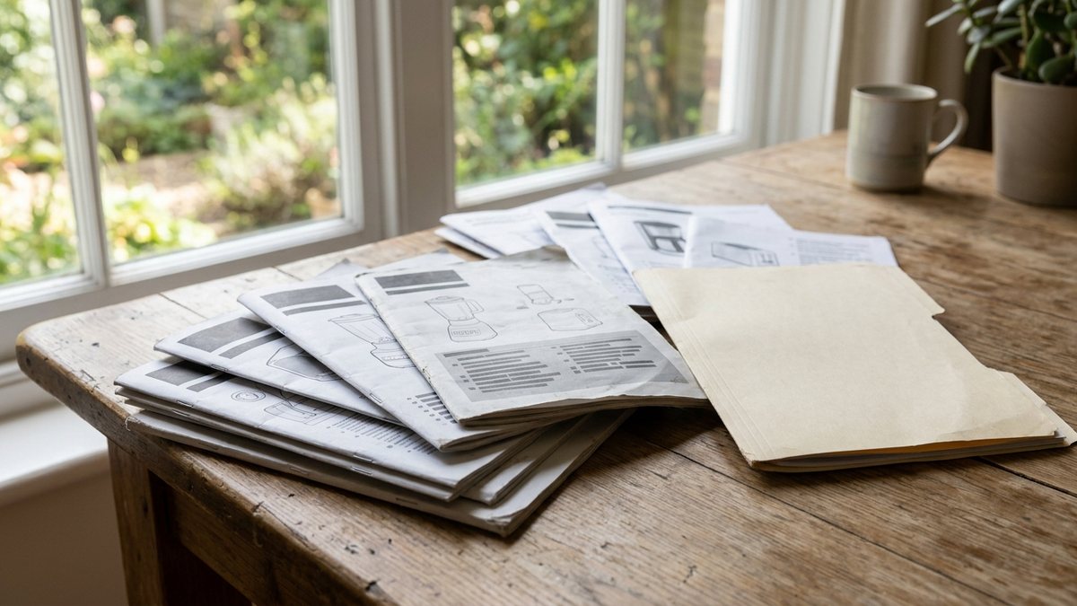 テーブルに広げた取扱説明書の束